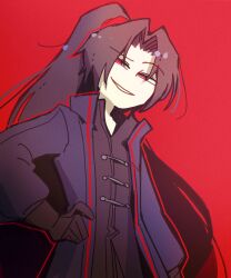 Rule 34 | 1boy, absurdres, black coat, black gloves, black hair, blue coat, coat, gloves, high ponytail, highres, jia huan (limbus company), limbus company, long hair, long sleeves, looking at viewer, male focus, parted bangs, parted lips, project moon, red background, red eyes, simple background, solo, surumenabe, very long hair