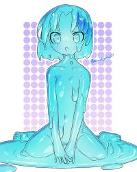Rule 34 | 1girl, :o, akira (meltyhip), barefoot, blue eyes, blue hair, blue sclera, blue skin, colored sclera, colored skin, commission, completely nude, flat chest, highres, looking at viewer, medium hair, monster girl, nude, original, parted lips, skeb commission, slime girl, solo