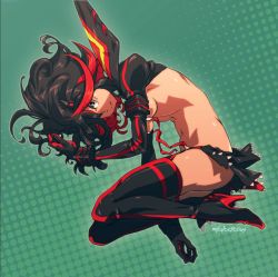 Rule 34 | 10s, 1girl, black gloves, black hair, black thighhighs, boots, breasts, crop top, elbow gloves, fetal position, flipped hair, from side, full body, gloves, green background, grey eyes, hair over one eye, halftone, halftone background, high heel boots, high heels, kill la kill, looking at viewer, matoi ryuuko, mikuloctopus, miniskirt, multicolored hair, navel, outline, red hair, senketsu, short hair, sideboob, signature, skirt, small breasts, solo, suspenders, thigh boots, thighhighs, two-tone hair, wavy hair