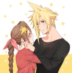 Rule 34 | 1boy, 1girl, aerith gainsborough, bad id, bad pixiv id, black shirt, blonde hair, blue eyes, blush, bow, brown hair, closed eyes, closed mouth, cloud strife, collarbone, couple, drill hair, drill ponytail, final fantasy, final fantasy vii, flower, hair bow, hair flower, hair ornament, hetero, jewelry, krudears, long hair, long sleeves, looking at another, pink bow, red shirt, ring, shirt, smile, spiked hair, square enix, upper body, white background, yellow flower