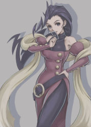 Rule 34 | 1girl, absurdres, ahoge, arm warmers, bare shoulders, belt, black eyes, bodysuit, bodysuit under clothes, breasts, buttons, capcom, card, commentary request, dress, grey background, hand on own hip, hand up, highres, holding, holding card, long hair, looking at viewer, loose belt, medium breasts, parted lips, purple hair, red dress, rose (street fighter), shadow, side slit, simple background, skin tight, sleeveless, sleeveless bodysuit, solo, street fighter, street fighter zero (series), tarot, turtleneck, tyanoki