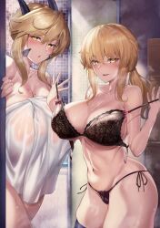 Rule 34 | 2girls, absurdres, alternate breast size, artoria pendragon (all), artoria pendragon (fate), artoria pendragon (lancer alter) (fate), black bra, black panties, blonde hair, blush, bra, breast press, breasts, cleavage, commentary request, dual persona, fate/grand order, fate (series), female focus, frilled bra, frills, highres, hirasawa seiji, horns, huge breasts, large breasts, lingerie, looking at viewer, mature female, multiple girls, naked towel, naughty face, navel, panties, saber alter, showering, side-tie panties, speech bubble, standing, steam, stomach, talking, thighhighs, thighs, tongue, tongue out, towel, underboob, underwear, underwear only, yellow eyes