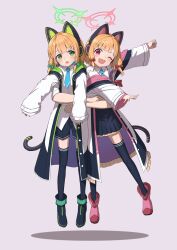 Rule 34 | 2girls, animal ear headphones, animal ears, blonde hair, blue archive, blue necktie, blue shorts, blue skirt, blue thighhighs, bow, carrying, carrying person, cat ear headphones, cat tail, chestnut mouth, collared shirt, commentary, dangling, disembodied limb, fake animal ears, green bow, hair bow, halo, headphones, highres, jacket, looking at viewer, mechanical tail, midori (blue archive), mogurii, momoi (blue archive), multiple girls, necktie, off shoulder, one eye closed, open mouth, pink bow, pleated skirt, shirt, short hair, short necktie, shorts, siblings, simple background, sisters, skirt, sleeves past wrists, smile, tail, thighhighs, twins, white jacket, white shirt