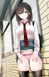 Rule 34 | 1girl, @ @, bag, black thighhighs, blush, breasts, brick wall, brown hair, checkered necktie, closed mouth, clothes lift, collared shirt, gluteal fold, green eyes, hair between eyes, hand under clothes, highres, large breasts, looking at viewer, medium hair, necktie, oouso, original, outdoors, panties, pink panties, red necktie, shirt, skirt, skirt lift, solo, thighhighs, underwear, white shirt, window
