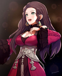 Rule 34 | 1girl, :d, bare shoulders, blurry, bokeh, breasts, brown hair, cleavage, corset, depth of field, dorothea arnault, dress, earrings, fire emblem, fire emblem: three houses, gonzarez, green eyes, highres, jewelry, long hair, long sleeves, medium breasts, music, nintendo, open mouth, red dress, singing, smile, solo