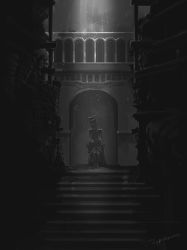 Rule 34 | 1boy, artist name, bloodborne, boots, cage, capelet, chair, coat, commentary, grey theme, greyscale, highres, light, micolash host of the nightmare, monochrome, pants, scenery, sitting, solo, stairs, tripdancer