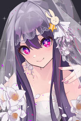 Rule 34 | 1girl, absurdres, ai dongdong, alternate costume, bare shoulders, bouquet, bride, closed mouth, commentary request, dress, flower, hair between eyes, hair ornament, hand up, highres, hoshino ai (oshi no ko), long hair, looking at viewer, oshi no ko, pink nails, purple eyes, rabbit hair ornament, smile, solo, sparkle, star-shaped pupils, star (symbol), star hair ornament, strapless, strapless dress, symbol-shaped pupils, upper body, veil, wedding dress, white dress, white flower