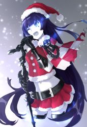 Rule 34 | 10s, 1girl, abyssal ship, alternate costume, bad id, bad pixiv id, belt, black hair, blue eyes, breasts, capelet, christmas, fur trim, gauntlets, glowing, glowing eyes, hat, highres, holding, holding microphone, kantai collection, light cruiser oni, long hair, microphone, microphone stand, midriff, music, navel, one eye closed, open mouth, red skirt, santa costume, santa hat, singing, skirt, smile, solo, star (symbol), weasel (close-to-the-edge)