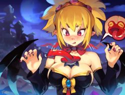 Rule 34 | 1girl, bare shoulders, between breasts, blonde hair, blush, bow, bowtie, breasts, detached sleeves, disgaea, hairband, large breasts, makai senki disgaea 2, nail polish, nose blush, optionaltypo, pointy ears, purple nails, red bow, red eyes, red neckwear, rozalin, sexually suggestive, surprised, tink (disgaea), upper body, v-shaped eyebrows