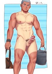 Rule 34 | 1boy, abs, bad id, bad twitter id, bar censor, bara, bucket, buzz cut, censored, completely nude, erection, feet out of frame, gakki (gaku suru), grey hair, holding, large pectorals, looking at viewer, male focus, male pubic hair, muscular, muscular male, navel, nipples, nude, original, pectorals, penis, pouty lips, pubic hair, short hair, sideburns, solo, stomach, tan, tanline, thick thighs, thighs, very short hair