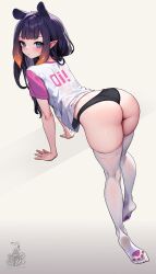 Rule 34 | absurdres, animal ears, back, black hair, black panties, blue eyes, cat paw, commentary, english commentary, feet, gradient hair, highres, hololive, hololive english, kneepits, leaning forward, leg up, legs, long hair, looking at viewer, looking back, multicolored hair, ninomae ina&#039;nis, no shoes, panties, presenting, shirt, simple background, socks, soles, tentacle hair, tentacles, toes, underwear, unstableboiler, very long hair, virtual youtuber, white shirt, white socks