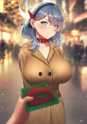 Rule 34 | ako (blue archive), annoyed, arms behind back, blue archive, blue eyes, blue hair, blurry, blurry background, blurry foreground, blush, box, breasts, brown coat, christmas, cipher4109, closed mouth, coat, collar, collarbone, crowd, furrowed brow, gift, gift box, halo, large breasts, leash, looking at viewer, pov, pov hands, snowing, solo focus, trench coat