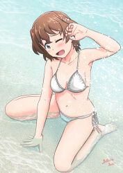 1girl akaboshi_koume artist_name barefoot beach bikini blue_eyes breasts brown_hair day girls_und_panzer halterneck highres lettuce-labo looking_at_viewer medium_breasts navel on_ground one_eye_closed outdoors short_hair side-tie_bikini_bottom signature sitting solo splashing swimsuit wading wariza water wavy_hair wet white_bikini