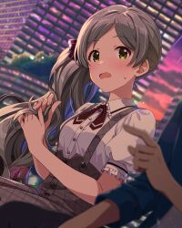 Rule 34 | 1boy, 1girl, bag, blush, breasts, brown dress, building, buttons, card (medium), cloud, cloudy sky, cowboy shot, dress, dress shirt, eyelashes, framed breasts, frilled sleeves, frills, grey hair, hair ribbon, handa roco, hands in own hair, idolmaster, idolmaster million live!, idolmaster million live! theater days, light particles, long hair, looking at another, neck ribbon, non-web source, official alternate costume, official alternate hairstyle, official art, on bench, open mouth, outdoors, plaid, plaid dress, private dress (idolmaster million live!), producer (idolmaster), puffy short sleeves, puffy sleeves, red ribbon, ribbon, shirt, short sleeves, shoulder bag, shy, side ponytail, sidelocks, sitting, sky, small breasts, solo focus, sparkle, sunset, suspenders, sweat, tree, very long hair, wavy hair, wavy mouth, white shirt