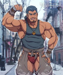 Rule 34 | 1boy, absurdres, anchor necklace, bara, beard, biceps, blue eyes, blue hair, blue tank top, blurry, blurry background, bulge, character request, clothing cutout, cowboy shot, crotchless, crotchless pants, facial hair, flexing, fundoshi, grey pants, hand on own hip, highres, japanese clothes, jewelry, large pectorals, long sideburns, male focus, male underwear, medium hair, muscular, muscular male, necklace, nipple slip, nipples, pants, pectorals, photo background, red male underwear, ryans, scar, scar across eye, scar on face, shoukan yuusha to f-kei kareshi, sideburns, solo, stubble, tank top, thick eyebrows, thick thighs, thigh cutout, thighs, tokyo houkago summoners, underwear, watermark, web address