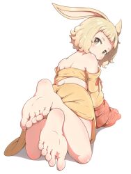 Rule 34 | 1girl, animal ears, back, barefoot, blush, commentary request, dancer rabbit, detached sleeves, feet, floppy ears, foot focus, from behind, full body, hanoyama, highres, looking at viewer, looking back, lying, on stomach, open mouth, rabbit and steel, rabbit ears, rabbit girl, short bangs, short hair, simple background, skirt, soles, solo, strapless, the pose, toes, tube top, white background, yellow skirt, yellow sleeves, yellow tube top