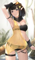 Rule 34 | 1girl, absurdres, arknights, arm up, armpits, bandeau, bare arms, bare shoulders, black hair, black panties, breasts, brown eyes, cleavage, commentary, cowboy shot, dress, eunectes (arknights), goggles, goggles on head, head tilt, highres, looking at viewer, microdress, midriff, navel, outdoors, panties, pointy ears, see-through, short hair, single strap, snake tail, solo, standing, stomach, strapless, tadano tarako, tail, thigh strap, thighs, tube top, underwear, wristband, yellow dress