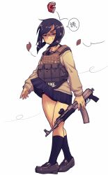 Rule 34 | 1girl, absurdres, akm, assault rifle, black footwear, black hair, black sailor collar, black skirt, black socks, cb (c-board), clothes lift, crushed can, falling leaves, fanny pack, full body, gun, highres, holding, holding gun, holding weapon, kalashnikov rifle, leaf, loafers, long hair, long sleeves, low twintails, nike (company), original, panties, pleated skirt, purple panties, ribbed legwear, rifle, sailor collar, shirt, shoes, simple background, skirt, skirt lift, socks, solo, twintails, underwear, weapon, white background, white shirt, wind, wind lift
