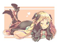 Rule 34 | 1girl, aisutabetao, black bow, black gloves, blonde hair, boots, bow, elise (fire emblem), fire emblem, fire emblem fates, flower, full body, gloves, hair bow, hair ribbon, hairband, heart, high heel boots, high heels, legs up, long hair, looking at viewer, lying, nintendo, on stomach, one eye closed, purple eyes, ribbon, rose, smile, solo, twintails, white flower, white rose