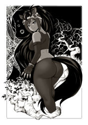 Rule 34 | 1girl, animal ears, ass, breasts, bridle, brown thoroughbred (kemono friends), dark-skinned female, dark skin, fingerless gloves, from behind, gloves, greyscale, highres, horse ears, horse girl, horse tail, kemono friends, large breasts, looking back, monochrome, pagong, pantyhose, smile, solo, sports bra, tail, tree