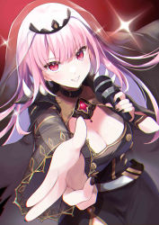Rule 34 | 1girl, absurdres, black cape, black dress, black nails, breasts, cape, cleavage, crest, dress, finger gun, highres, holding, holding microphone, hololive, hololive english, long hair, long sleeves, looking at viewer, microphone, mori calliope, nail polish, pink eyes, pink hair, shinomiya shino (sinosino141), smile, solo, sparkle, teeth, tiara, veil, virtual youtuber