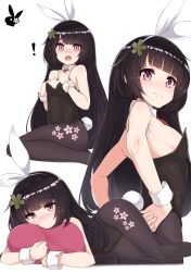 Rule 34 | 1girl, absurdres, alternate costume, animal ears, black hair, black pantyhose, blush, cherry blossom print, fake animal ears, floral print, girls&#039; frontline, hair ornament, highres, holding, j young, leotard, long hair, looking at viewer, multiple views, necktie, hugging object, pantyhose, pillow, pillow hug, playboy bunny, rabbit ears, red eyes, red neckwear, type 100 (girls&#039; frontline)