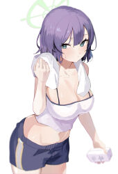 Rule 34 | 1girl, absurdres, black shorts, blue archive, blush, breasts, cleavage, closed mouth, cowboy shot, ggab0621, green eyes, green halo, halo, highres, large breasts, looking at viewer, navel, purple hair, saki (blue archive), short hair, shorts, simple background, solo, towel, towel around neck, white background, white towel
