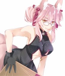 Rule 34 | 1girl, animal ear fluff, animal ears, bad id, bad pixiv id, center opening, china dress, chinese clothes, dress, fate/grand order, fate (series), folding fan, fox ears, fox girl, fox tail, glasses, hand fan, holding, holding fan, koyanskaya (chinese lostbelt outfit) (fate), koyanskaya (fate), pink hair, smile, solo, suzuko (star8383), tail, tamamo (fate), white-framed eyewear