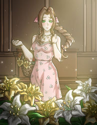 Rule 34 | 1girl, absurdres, aerith gainsborough, basket, blush, bracelet, braid, breasts, caramelmochapie, church, cleavage, dress, final fantasy, final fantasy vii, floral print, flower, flower basket, green eyes, hair ribbon, highres, holding, holding basket, jewelry, lily (flower), long hair, looking at viewer, medium breasts, necklace, parted bangs, parted lips, pink dress, pink ribbon, red flower, ribbon, sidelocks, sleeveless, sleeveless dress, solo, square enix, upper body, wavy hair, yellow flower