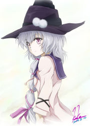 Rule 34 | 10s, 1girl, artist name, asymmetrical hair, black bullet, braid, dated, from side, fuse midori, hair over shoulder, hair ribbon, hat, highres, kem kem, long hair, md5 mismatch, multi-tied hair, purple eyes, purple ribbon, ribbon, sailor collar, signature, silver hair, single braid, smile, solo, white background, witch hat