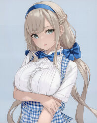 Rule 34 | 1girl, absurdres, alternate costume, apron, arm under breasts, blonde hair, blue apron, blue bow, blue bowtie, blue eyes, blue hairband, blue headband, bow, bowtie, braid, breasts, comiket 102, dated, dress shirt, french braid, gingham, gingham apron, grey background, hair bow, hairband, hand on own arm, headband, highres, kantai collection, kobeya uniform, large breasts, light brown hair, long hair, looking at viewer, low twintails, maryland (kancolle), non-web source, open mouth, pleated shirt, rokuwata tomoe, scan, shirt, short sleeves, signature, simple background, solo, twintails, upper body, very long hair, waitress, white shirt