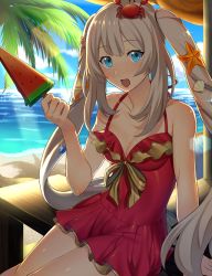 Rule 34 | 1girl, :d, bad id, bad pixiv id, blue eyes, blue sky, breasts, cleavage, collarbone, day, dress, dress swimsuit, fate/grand order, fate (series), food, fruit, hair ornament, holding, holding food, long hair, marie antoinette (fate), marie antoinette (fate/grand order), marie antoinette (swimsuit caster) (fate), marie antoinette (swimsuit caster) (first ascension) (fate), medium breasts, ocean, one-piece swimsuit, open mouth, outdoors, palm tree, red dress, red one-piece swimsuit, short dress, silver hair, sitting, sky, sleeveless, sleeveless dress, smile, solo, swimsuit, tree, twintails, very long hair, watermelon