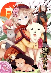 Rule 34 | 1girl, :3, animal, animal ears, animal hug, animal mittens, beanie, black pantyhose, blush, brown hat, capelet, closed mouth, coat, commentary request, dog, dog ears, dog girl, dog tail, flower, fur-trimmed capelet, fur trim, givuchoko, green eyes, hair between eyes, hair flower, hair ornament, hat, head tilt, light brown hair, long sleeves, looking at viewer, looking to the side, mittens, orange skirt, original, pantyhose, pink flower, pleated skirt, purple flower, red mittens, short hair, sitting, skirt, solo, tail, tongue, tongue out, wariza, yellow capelet, yellow coat