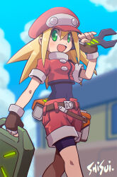 Rule 34 | 1girl, artist name, belt, blonde hair, brown gloves, building, cabbie hat, cloud, commentary request, covered navel, cropped jacket, day, fingerless gloves, gloves, green eyes, hand up, hat, holding, holding wrench, jacket, long hair, looking at viewer, mega man (series), mega man legends (series), open mouth, outdoors, red hat, red jacket, red shorts, roll caskett (mega man), shisui, shorts, smile, solo, walking, wrench