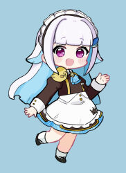 Rule 34 | 1girl, :d, animal, animal on shoulder, apron, bird, black footwear, blue background, blue hair, blush stickers, brown dress, chibi, chick, commentary request, dress, full body, grey hair, hand up, highres, juliet sleeves, lize helesta, long hair, long sleeves, looking at viewer, multicolored hair, nijisanji, nozo (hitomiz), open mouth, puffy sleeves, purple eyes, sebastian piyodore, shoes, simple background, sleeves past wrists, smile, socks, standing, standing on one leg, teeth, two-tone hair, upper teeth only, very long hair, virtual youtuber, waist apron, white apron, white socks