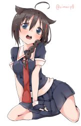 Rule 34 | 10s, 1girl, ahoge, bad id, bad pixiv id, blush, braid, brown hair, hair over shoulder, kantai collection, long hair, open mouth, rima (rimarip), shigure (kancolle), simple background, single braid, skirt, solo, white background