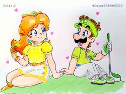 bare_legs brown_hair couple crown daisydylan06 facial_hair flower golf_club grass green_shirt hetero holding_hands legs luigi mario_(series) mario_golf mario_golf:_super_rush mustache nintendo pants princess_daisy shirt sitting skirt smile tomboy traditional_media white_pants white_skirt yellow_shirt