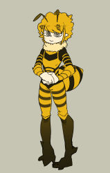 Rule 34 | 1boy, antennae, arthropod boy, bee, bee boy, blonde hair, brown background, brown hair, bug, closed mouth, freckles, full body, highres, horns, insect, k.blank, male focus, original, own hands together, pointy ears, simple background, smile, solo