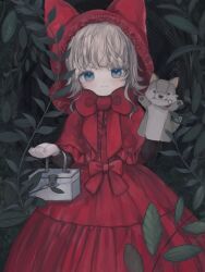 Rule 34 | 1girl, animal hood, animal puppet, blue eyes, blush, bow, bowtie, box, cape, capelet, commentary request, cowboy shot, dress, grey hair, hand puppet, highres, hood, large bow, little red riding hood, looking at viewer, mercure 1104, nature, original, outdoors, plant, puppet, red bow, red cape, red dress, red hood, sidelocks, smile, solo, straight-on, vines, wolf