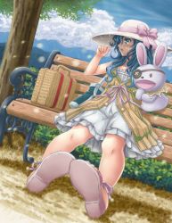 Rule 34 | 10s, 1girl, bench, blue eyes, blue hair, casual, date a live, dutch angle, from below, hand puppet, hat, highres, long hair, looking at viewer, looking away, matching hair/eyes, open mouth, park bench, puppet, solo, stuffed animal, stuffed rabbit, stuffed toy, sun hat, sunago, yoshino (date a live), yoshinon