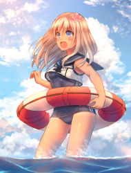 Rule 34 | 10s, 1girl, bare legs, bare shoulders, blue eyes, blue sky, blush, crop top, crop top overhang, day, flower, hair flower, hair ornament, kantai collection, lifebuoy, long hair, moe (hamhamham), neckerchief, ocean, one-piece swimsuit, open mouth, ro-500 (kancolle), sailor collar, school swimsuit, sky, solo, swim ring, swimsuit, swimsuit under clothes, tan, tanline, wading, white hair