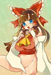 Rule 34 | 1girl, alternate eye color, ascot, bare shoulders, barefoot, belly, blue eyes, bottomless, bow, breasts, brown hair, censored, convenient censoring, detached sleeves, hair bow, hair tubes, hakurei reimu, highres, large breasts, long hair, navel, no panties, open mouth, plump, sideboob, solo, touhou, tsuutenkaaku