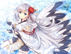 Rule 34 | 1girl, artist name, azur lane, black gloves, black skirt, blue eyes, breasts, cloud print, dated, eyeliner, feathers, flower, gloves, hair flower, hair ornament, hair spread out, hands up, in water, japanese clothes, kanzashi, long hair, looking at viewer, makeup, miniskirt, mole, mole under eye, nontraditional miko, outdoors, partially fingerless gloves, pleated skirt, shoukaku (azur lane), signature, silver hair, sitting, skirt, smile, solo, syoryuga, thighhighs, tsumami kanzashi, very long hair, white thighhighs, zettai ryouiki