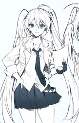 Rule 34 | 1girl, ahoge, aqua eyes, collarbone, commentary, contrapposto, cowboy shot, dress shirt, english commentary, fingerless gloves, gloves, hand on own hip, hannahkwok4, hatsune miku, highres, holding, holding paper, jacket, lanyard, long hair, looking at viewer, miniskirt, multiple views, necktie, paper, partially fingerless gloves, pleated skirt, shirt, single fingerless glove, single glove, skirt, smile, solo, spot color, standing, twintails, v-shaped eyebrows, very long hair, vocaloid