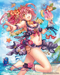 Rule 34 | 2girls, apple, armpits, bandages, barefoot, bikini, blonde hair, branch, breasts, cleavage, cloud, cocktail glass, company name, crab, cup, day, dolphin, drinking glass, earrings, eikou no guardian battle, flower, flower necklace, flying, food, frills, fruit, hair flower, hair ornament, hair ribbon, heterochromia, hibiscus, highres, holding, hurricane glass, jewelry, leaf, lei, looking at viewer, madogawa, medium breasts, midriff, monster, multiple girls, nail polish, navel, necklace, ocean, official art, original, outstretched arms, pineapple, pink eyes, pink hair, pointing, ribbon, short hair, sky, smile, solo focus, starfish, swimsuit, tiara, yellow eyes