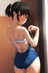 Rule 34 | 1girl, absurdres, ass, bare arms, bare shoulders, black hair, blue one-piece swimsuit, blurry, blurry background, blush, bra, brown eyes, depth of field, from behind, hair ornament, hair scrunchie, hand up, highres, indoors, looking at viewer, looking back, matsunaga kouyou, nose blush, one-piece swimsuit, original, parted lips, ponytail, scrunchie, sidelocks, solo, swimsuit, underwear, white bra, white scrunchie