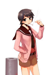 Rule 34 | 1girl, :3, belt, black hair, cigarette, female focus, hand in pocket, highres, kantai collection, mogami (kancolle), sailor collar, short hair, shorts, simple background, smoking, solo, white background, zhui