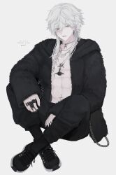 Rule 34 | 1boy, 33bun3, absurdres, bare pectorals, black footwear, black fur, black nails, chain, claw ring, coat, commentary, commission, commissioner name, cross, cross earrings, cross necklace, crossed ankles, earrings, fangs, full body, fur coat, grey eyes, highres, hoop earrings, jewelry, nail polish, necklace, on floor, open clothes, open coat, original, parted lips, pectorals, ring, saturn (planet), shoes, short hair with long locks, simple background, sitting, skeb commission, sneakers, solo, stud earrings, thank you, twitter username, white background, white hair