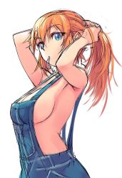 Rule 34 | 1girl, adjusting hair, arms up, blue eyes, breasts, charlotte e. yeager, dungarees, large breasts, long hair, looking at viewer, michairu, mouth hold, naked overalls, no bra, no shirt, orange hair, overalls, ponytail, sideboob, simple background, solo, strike witches, upper body, white background, world witches series