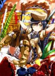 Rule 34 | 10s, 1girl, blue hair, blush, boots, cake, food, fruit, hat, highres, long hair, looking at viewer, love live!, love live! school idol project, ng, open mouth, oversized object, peaked cap, sitting, skirt, solo, sonoda umi, strawberry, tetsujin momoko, yellow eyes